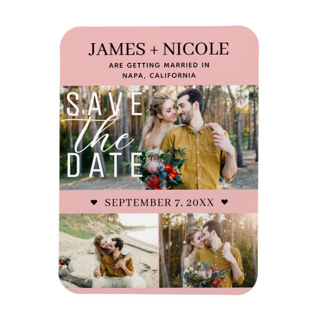 Modern Peachy Pink Save the Date Wedding 3 Photos Magnet (Vertical)