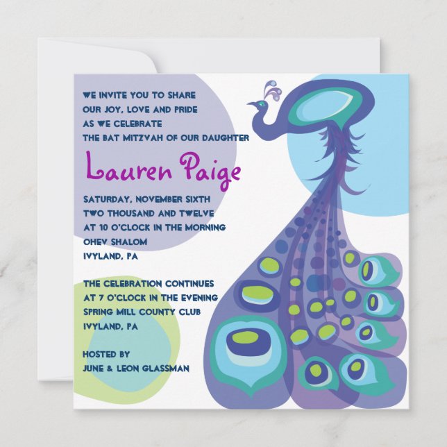 Modern Peacock Bar Bat Mitzvah Invitation (Front)