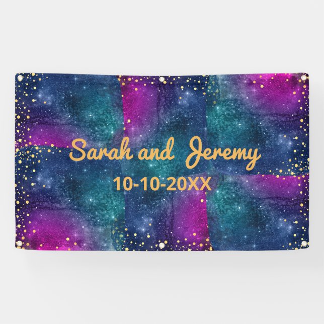 Modern Peacock Blue Gold Watercolor Wedding Banner (Horizontal)
