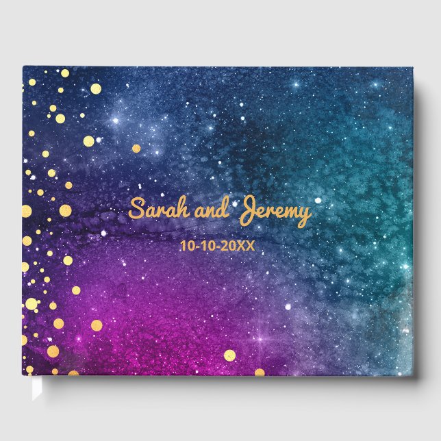 Modern Peacock Blue Gold Watercolor Wedding Guest Book (Front)
