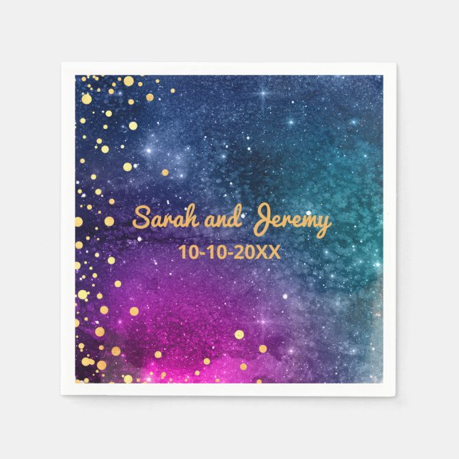 Modern Peacock Blue Gold Watercolor Wedding Napkin (Front)