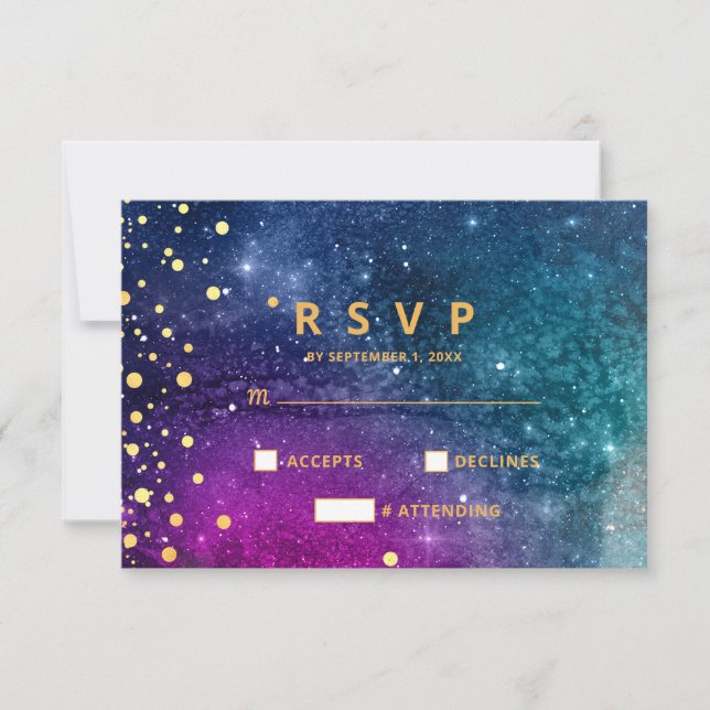Modern Peacock Blue Gold Watercolor Wedding RSVP Card (Front)