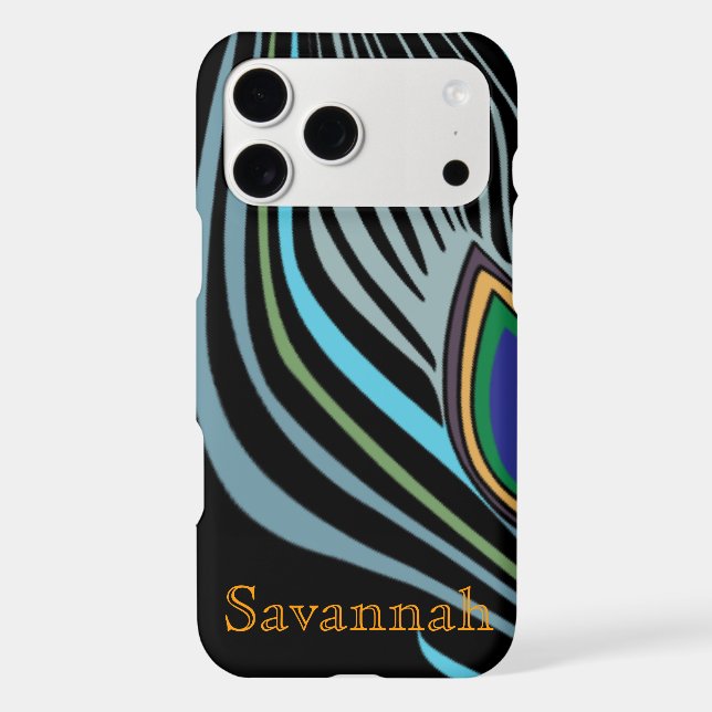 Modern Peacock Feather Black Turquoise  Your Name (Back)