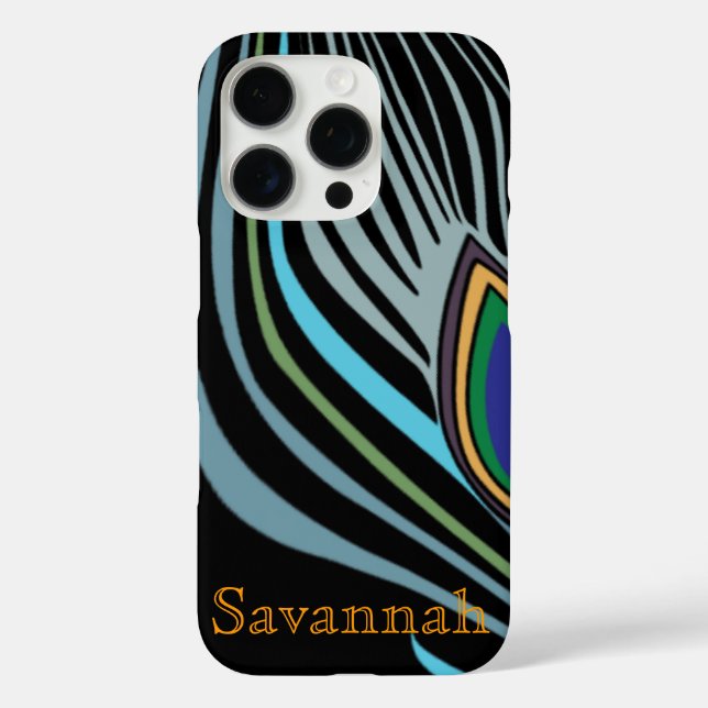 Modern Peacock Feather Black Turquoise  Your Name Case-Mate iPhone Case (Back)