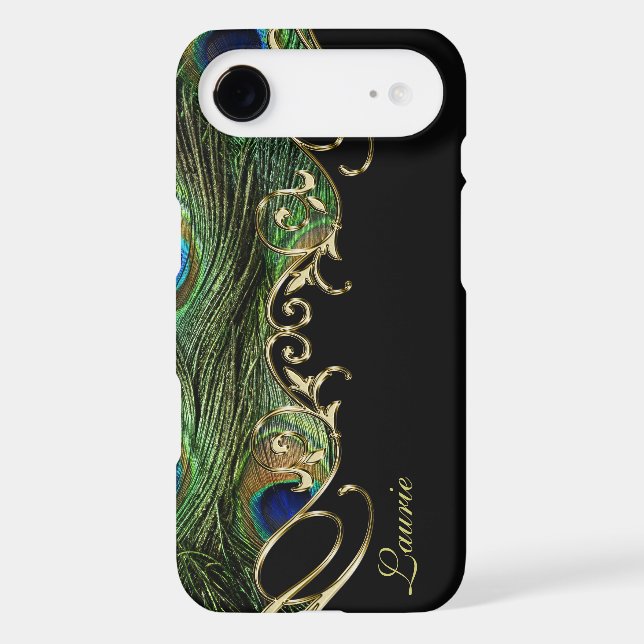 Modern Peacock Feather Gold Custom  Monogram Case-Mate iPhone Case (Back)