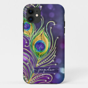 Modern Peacock Feather Jewels Purple Gold Sparkle  Case-Mate iPhone Case