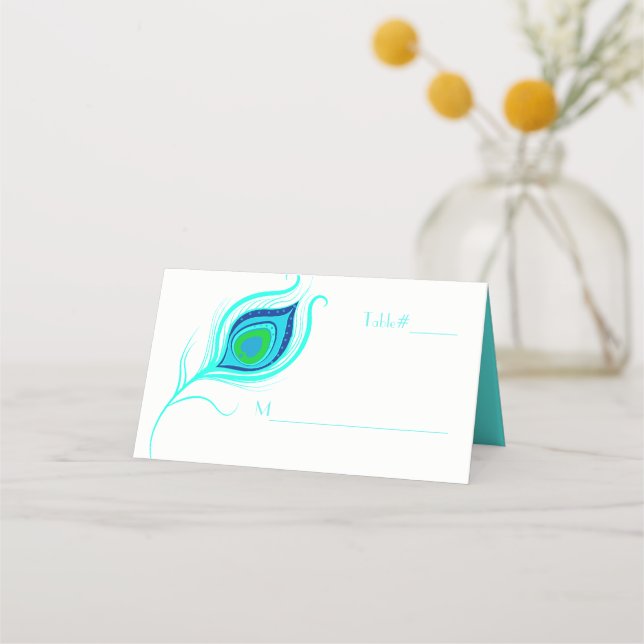 Modern Peacock Feather Wedding Folded Place Card (Front)