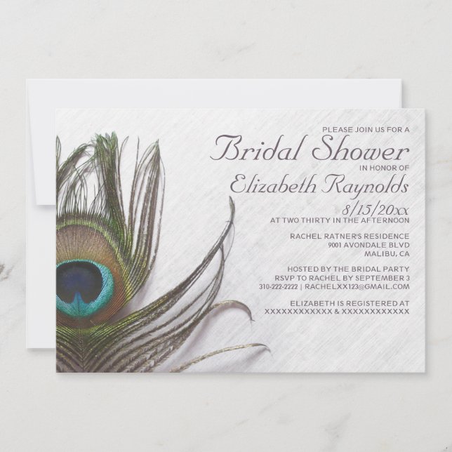 Modern Peacock Feathers Bridal Shower Invitations (Front)