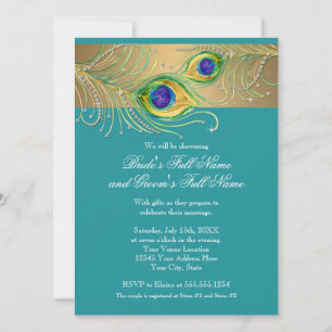 Modern Peacock Feathers Faux Jewel Bridal Shower Invitation