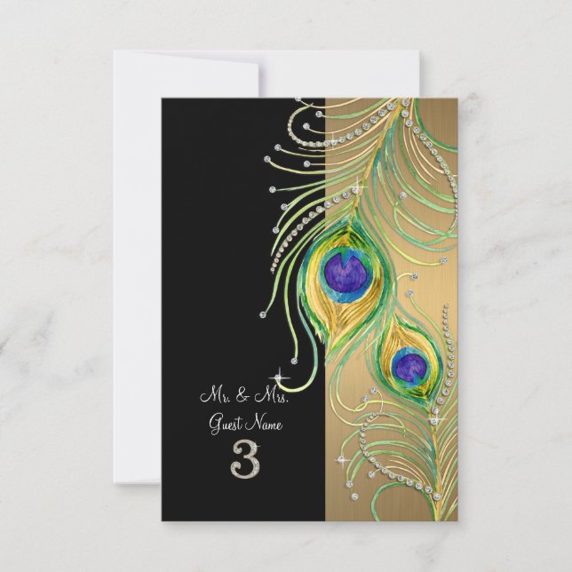 Modern Peacock Feathers Faux Jewel Place Cards (Front)