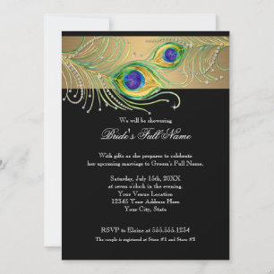 Modern Peacock Feathers Faux Jewel Scroll Swirl Invitation