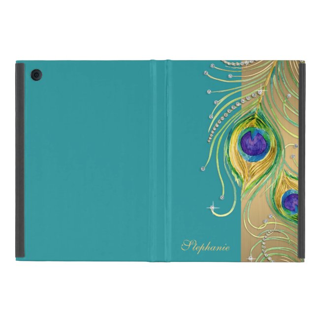 Modern Peacock Feathers Faux Jewel Scroll Swirl iPad Mini Case (Outside)