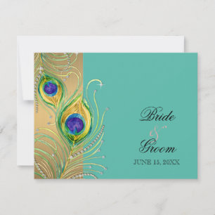Modern Peacock Feathers Faux Jewel Scroll Swirl RSVP Card