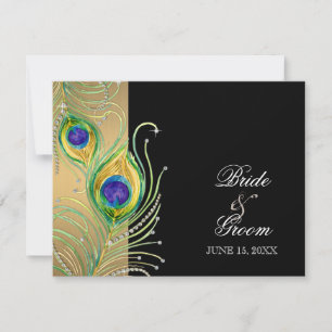 Modern Peacock Feathers Faux Jewel Scroll Swirl RSVP Card