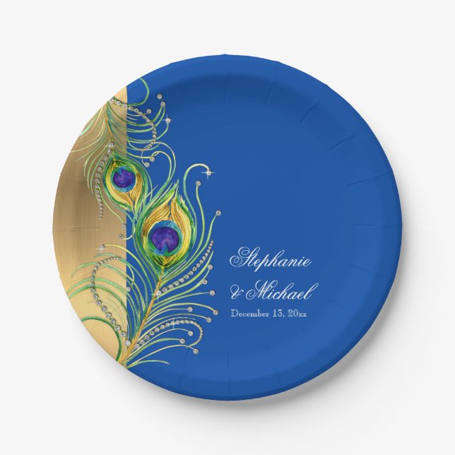 Modern Peacock Feathers Faux Jewel Scroll Weddings Paper Plate (Front)