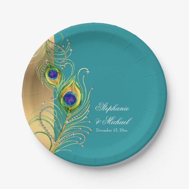 Modern Peacock Feathers Faux Jewel Scroll Weddings Paper Plate (Front)
