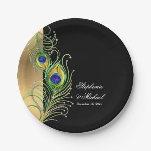 Modern Peacock Feathers Faux Jewel Scroll Weddings Paper Plate