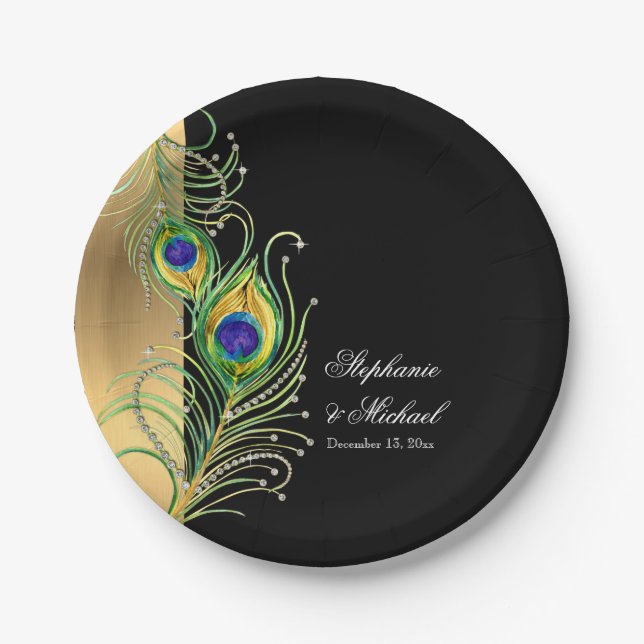Modern Peacock Feathers Faux Jewel Scroll Weddings Paper Plate (Front)