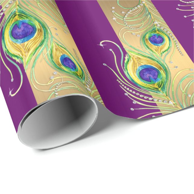 Modern Peacock Feathers Faux Jewel Striped Hearts Wrapping Paper (Roll Corner)