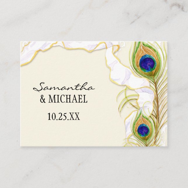 Modern Peacock Feathers Faux Ribbon Damask Swirl Enclosure Card (Front)