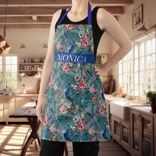 Modern Peacock Floral Blue Pattern monogram Apron