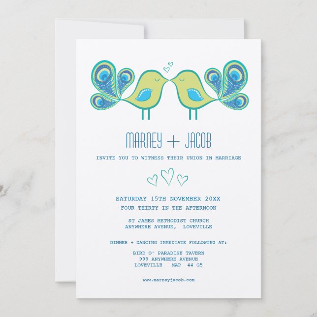 Modern Peacock Love Birds Wedding Monogram Invitation (Front)