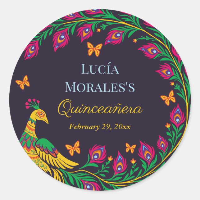Modern Peacock Mexican Folk Art Fiesta Quinceanera Classic Round Sticker (Front)