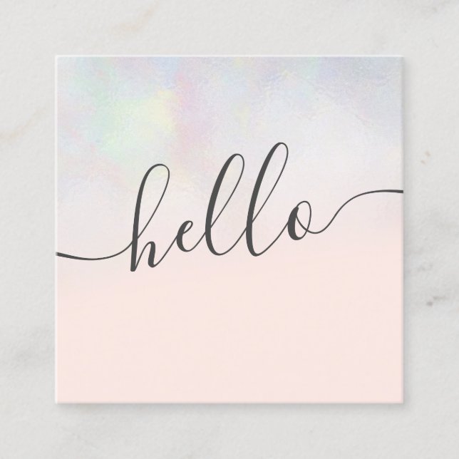 Modern pearl nacre ombre blush pink hello square business card (Front)
