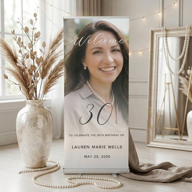 Modern Pearl Script Photo Milestone Birthday Retractable Banner (Creator Uploaded)