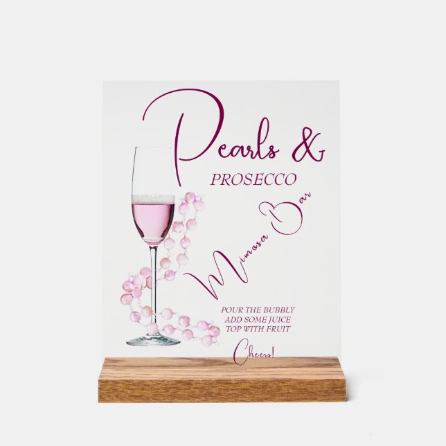 Modern Pearls & Prosecco Mimosa Bar Bridal Shower Acrylic Sign (Front)