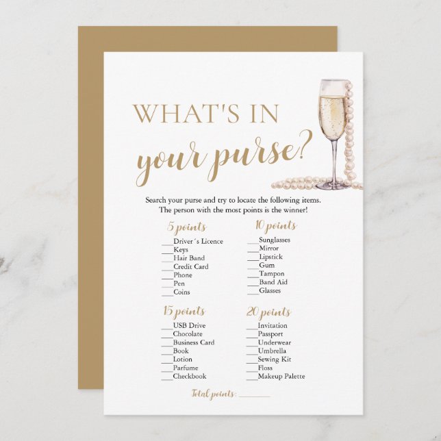 Modern Pearls & Prosecco What's In Your Purse Game Invitation (Front/Back)