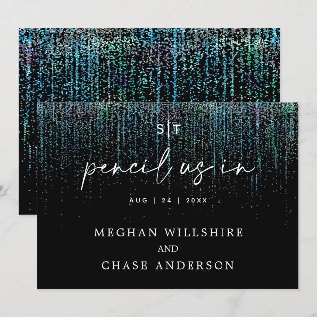 Modern Pencil Us In Edgy Teal Glitter Invitation (Front/Back)