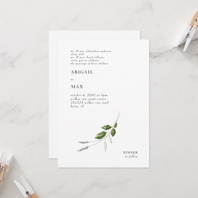 Modern Pencil & Watercolor Greenery Wedding   Invitation (Front/Back In Situ)