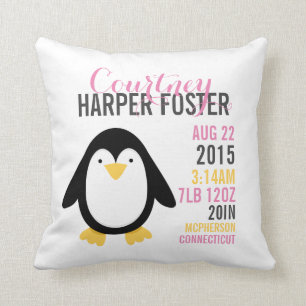 Modern Penguin Birth Announcement Nursery Pillow