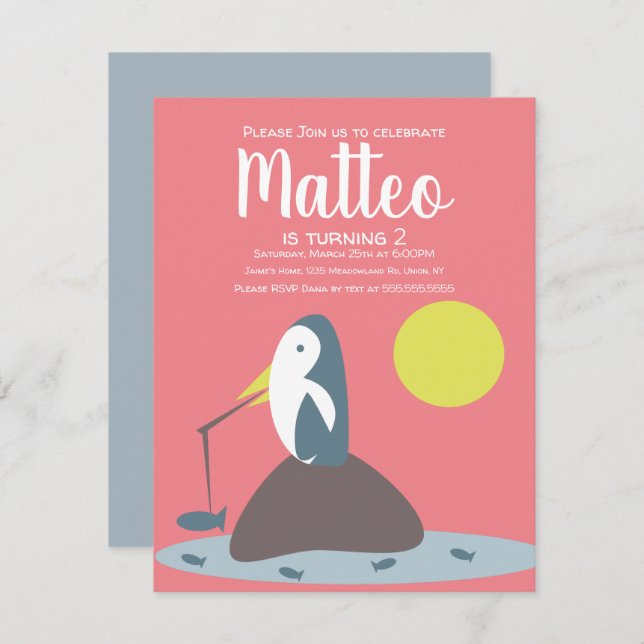 Modern Penguin Fishing Nautical Girls Birthday Invitation (Front/Back)