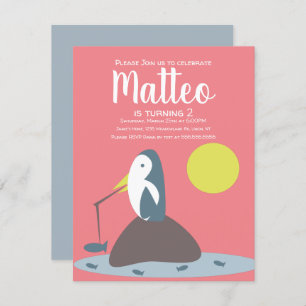 Modern Penguin Fishing Nautical Girls Birthday Invitation