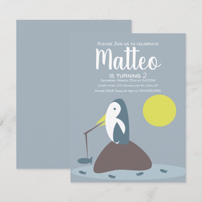 Modern Penguin Fishing Nautical Ocean Birthday Invitation (Front/Back)