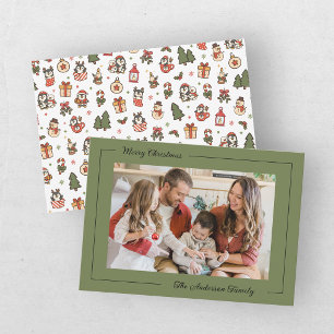 Modern Penguin Green Family Photo Christmas Holiday Card