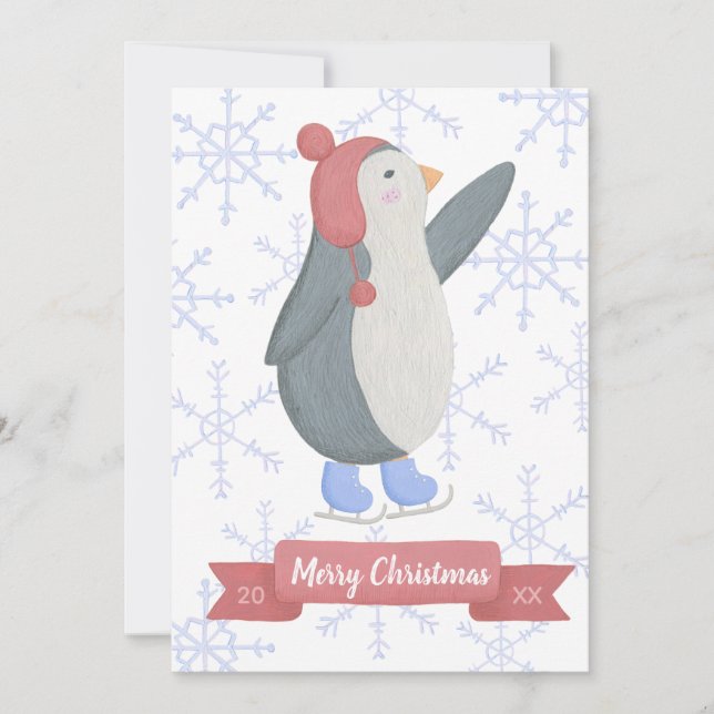 Modern Penguin Skater Blue Snowflakes Hand Drawn Holiday Card (Front)
