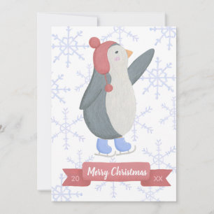 Modern Penguin Skater Blue Snowflakes Hand Drawn Holiday Card