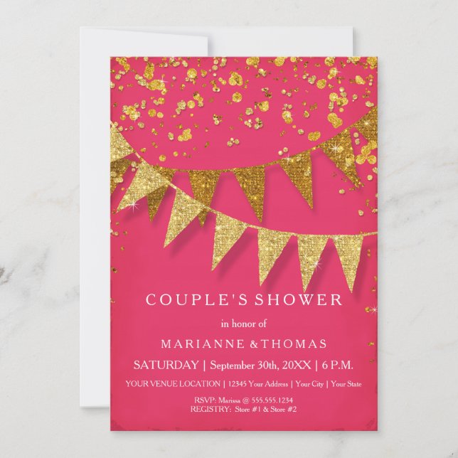 Modern Pennant Banner w Glitter Falling Confetti Invitation (Front)
