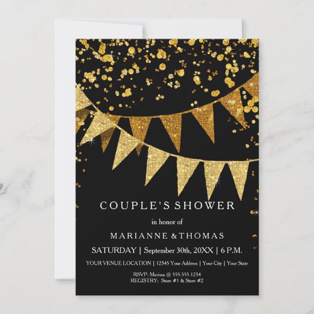 Modern Pennant Banner w Glitter Falling Confetti Invitation (Front)