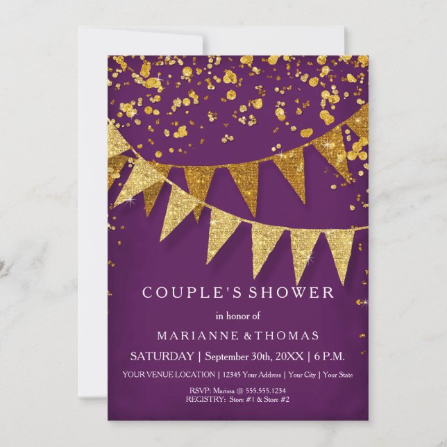 Modern Pennant Banner w Glitter Falling Confetti Invitation (Front)