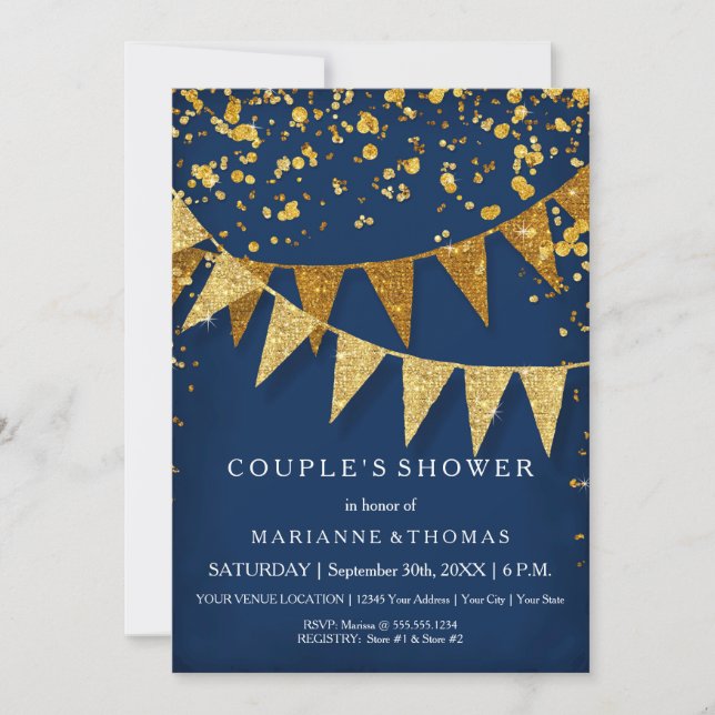 Modern Pennant Banner w Glitter Falling Confetti Invitation (Front)