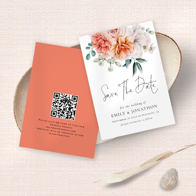 Modern Peonies Coral Peach QR Code Wedding Save The Date (Front and back view)