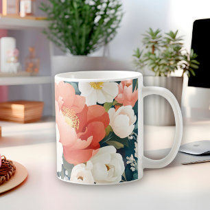 Modern peonies Floral Warm orange and white flower Coffee Mug
