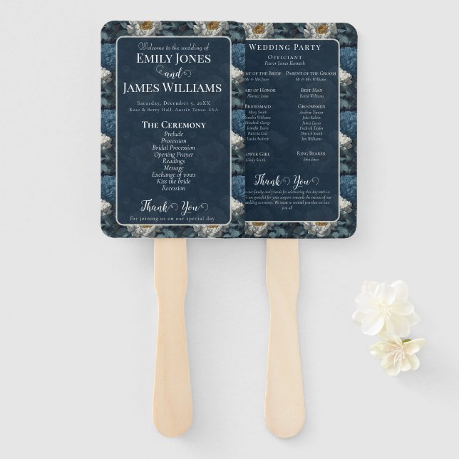 Modern Peony Aesthetic Lakeside Wedding Program Hand Fan (Front and Back)