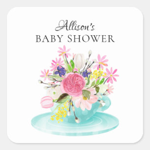Modern Peony Floral Baby ShowerTea Square Sticker