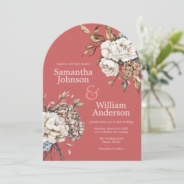 Modern Peony & hydrangea Coral Pink Wedding Invitation (Standing Front)