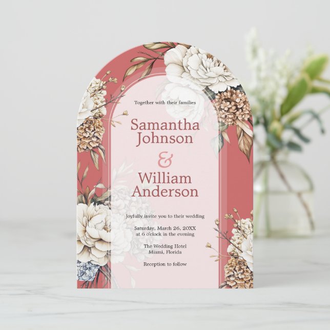Modern Peony & Hydrangea Coral Pink Wedding Invitation (Standing Front)
